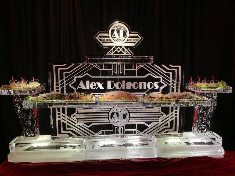 Ice sculpture with vibrant colors embedded within the ice